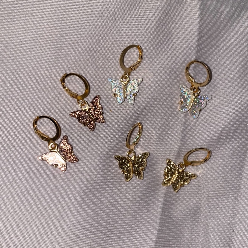 Butterfly hoop dangle glitter gold earrings 3 pairs 🦋